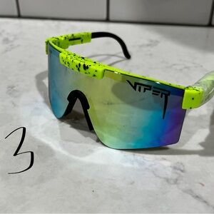 Pit Viper Neon Yellow Speckled Shield Sunglasses with Blue-Purple Mirror